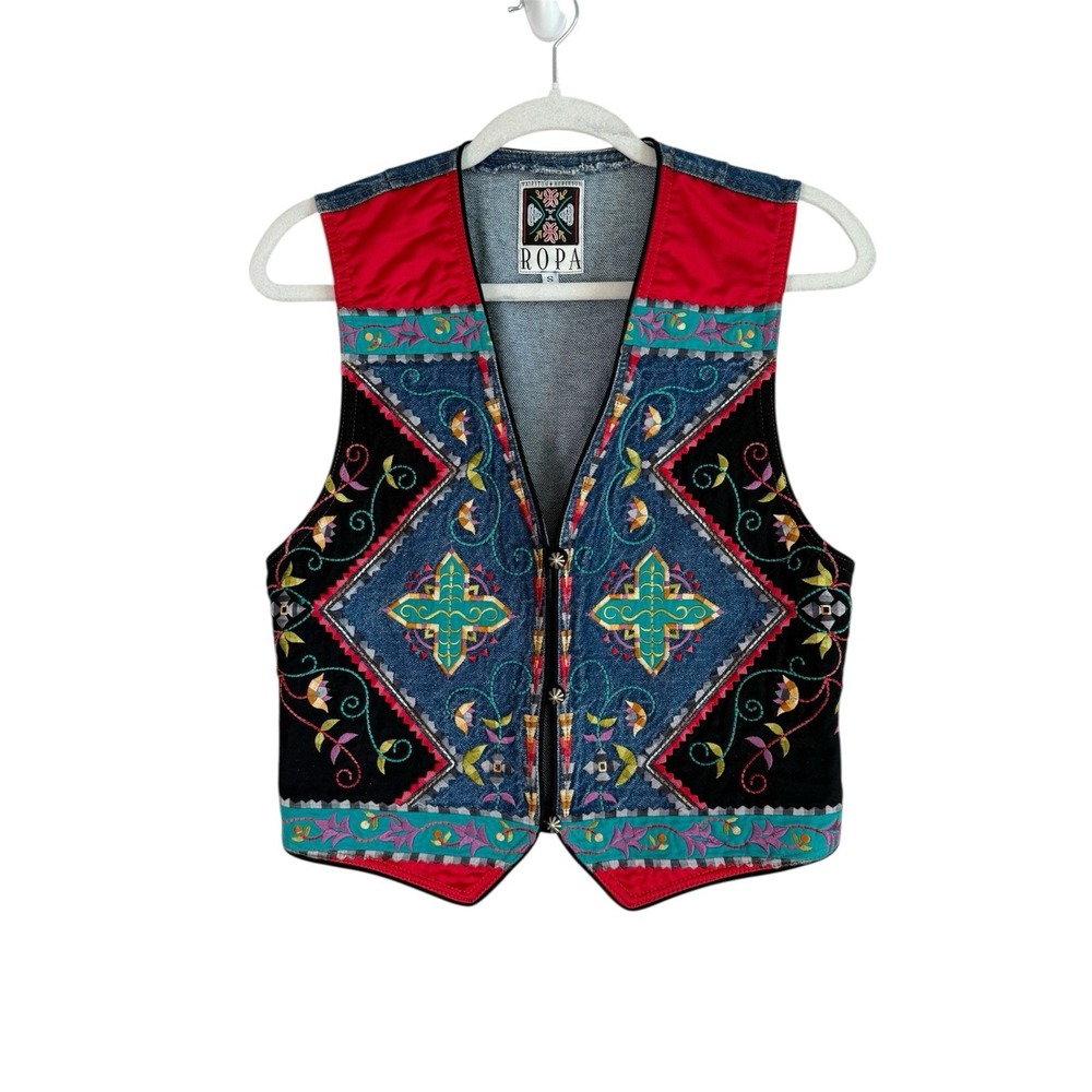 Vintage Hairston Roberson ROPA Denim‎ Vest Women's Small Floral Embroidery USA